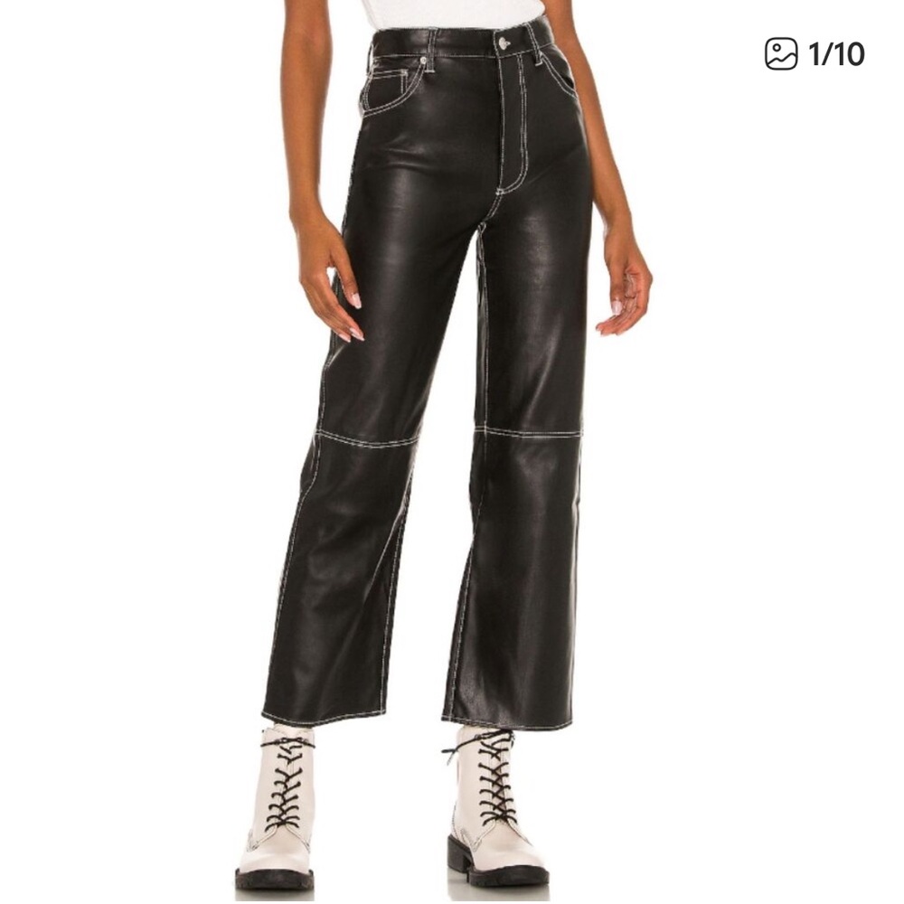 Free People Black Faux Leather Wide-Leg Pants with Contrast Stitching Sz 0